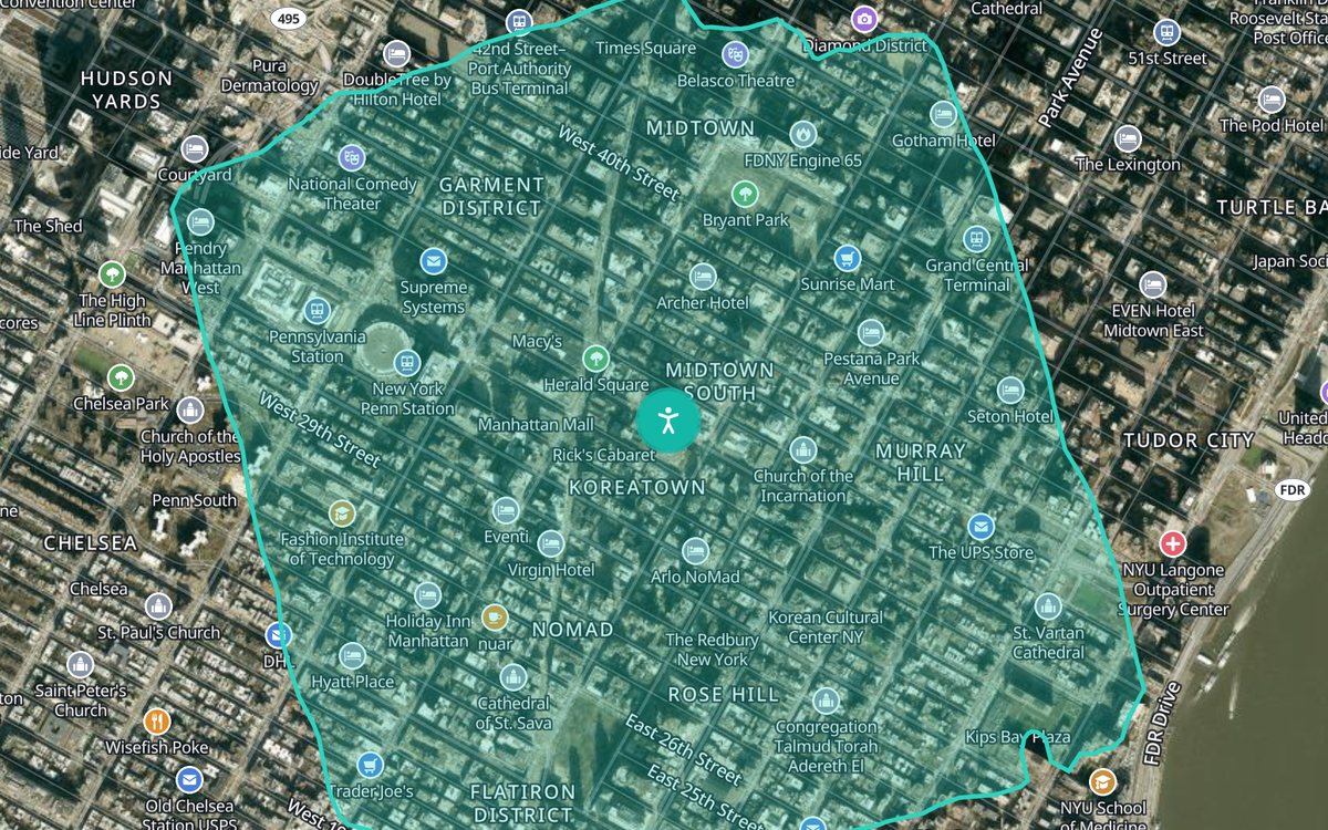 15 minute walking radius map over satellite imagery of Midtown Manhattan